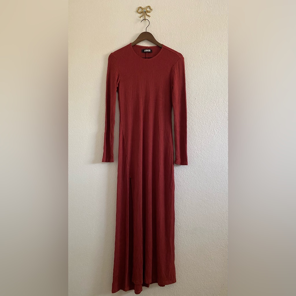 Reformation Ribbed Maxi Dress Anastasia Rust Red Sweater Dress Minimalist Casual